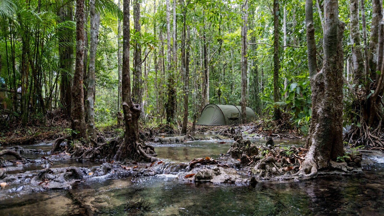 Tropical creek campsite concept with an unbranded olive tent and folding chair.